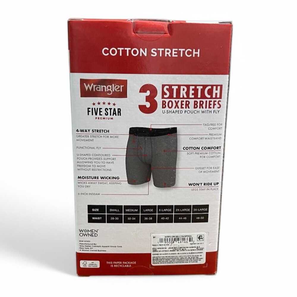 Wrangler Five Star 3-Pack Cotton Stretch Boxer Briefs, Size M, Navy, Gray, Blue - Picture 3 of 5